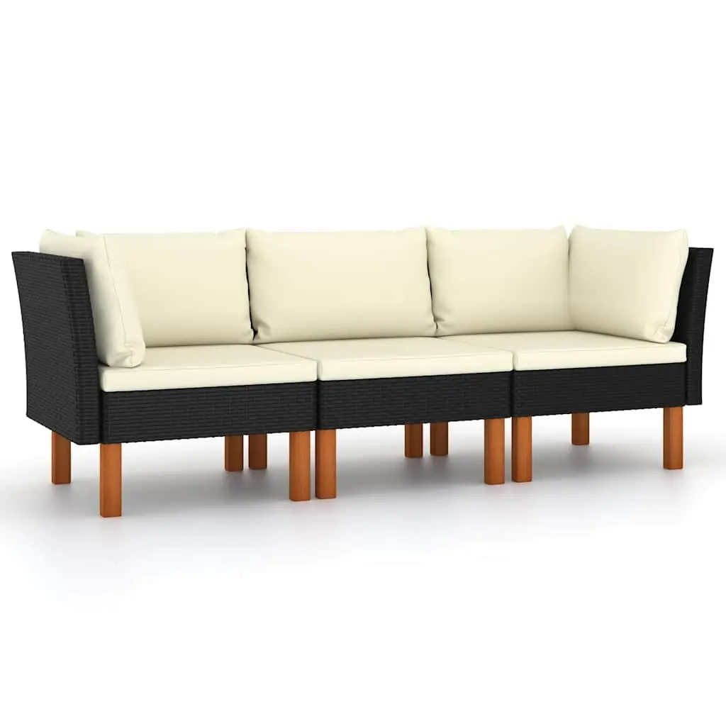 3-Seater Garden Sofa Outdoor Lounge Couch Black Poly Rattan with Cushions