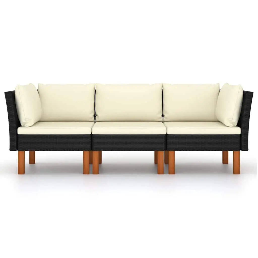 3-Seater Garden Sofa Outdoor Lounge Couch Black Poly Rattan with Cushions