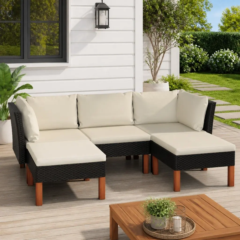 Outdoor Sofa Set 5 Piece Garden Furniture Black PE Rattan Cushions Lightweight Patio