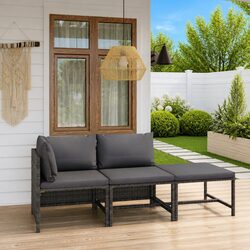 Outdoor Garden Lounge Set 3 Piece Poly Rattan Grey with Cushions Footstool