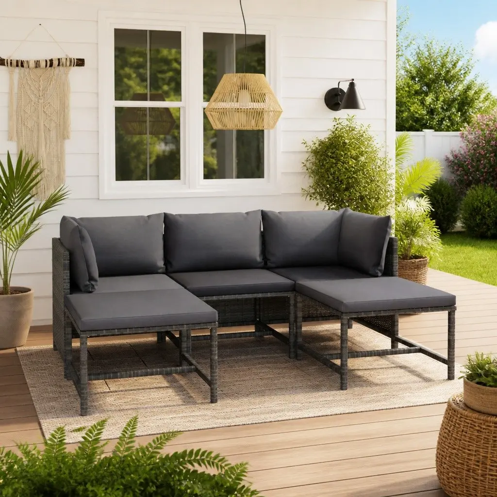 Garden Lounge Set 5 Piece Outdoor Furniture Poly Rattan Grey Cushions Modular