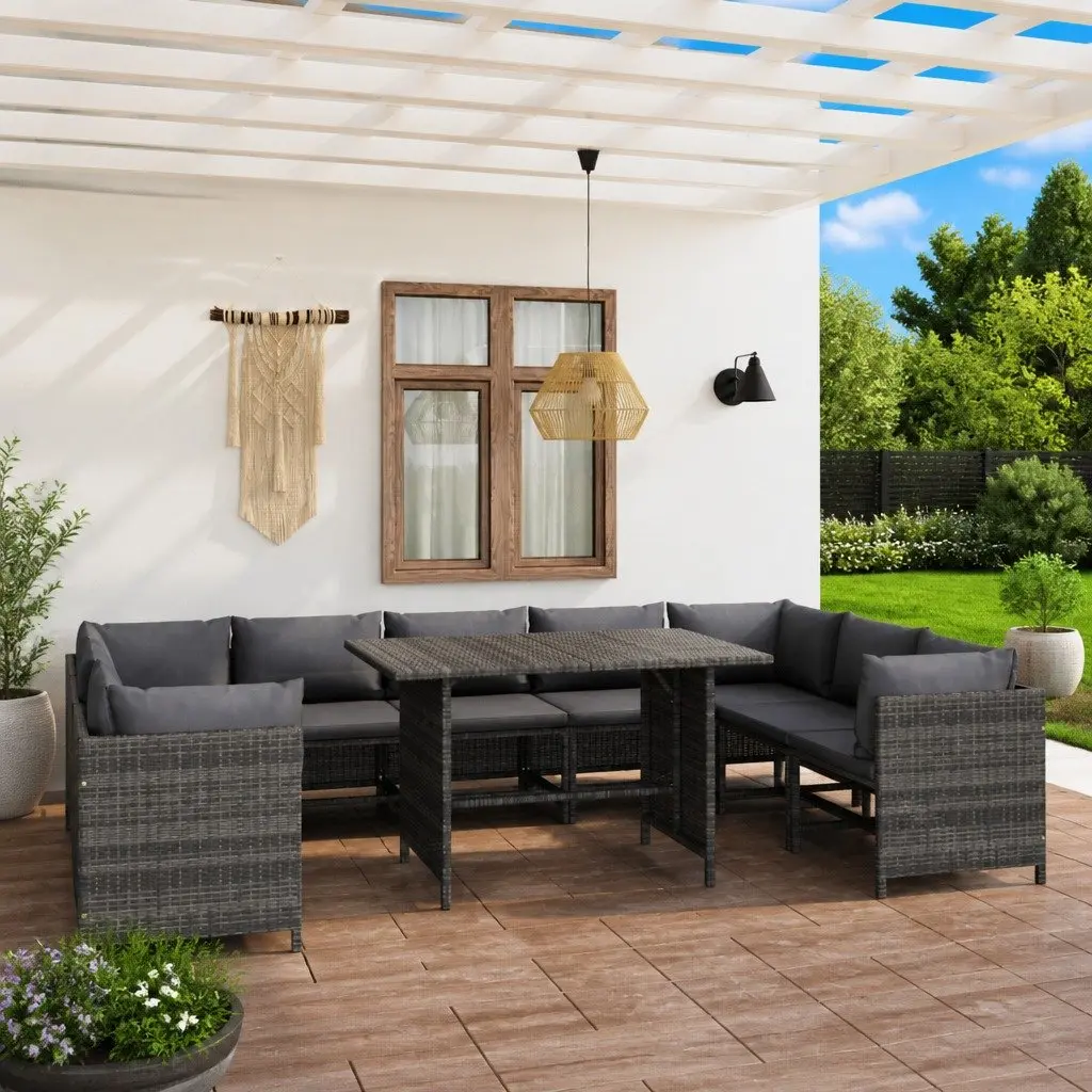 Garden Lounge Set 10 Piece Outdoor Furniture Grey Poly Rattan with Cushions