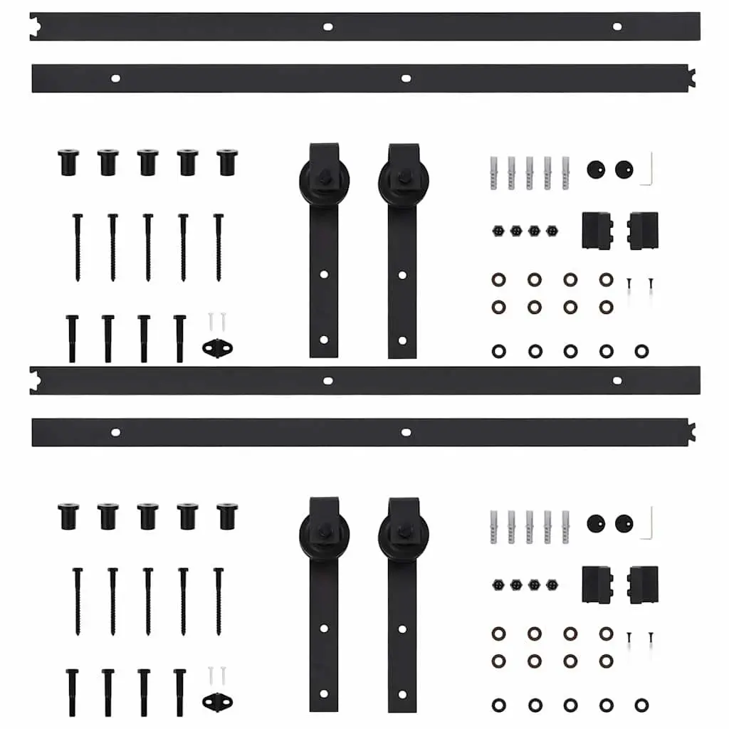 Sliding Door Hardware Kit 183cm Steel Track Roller System Black 2pcs