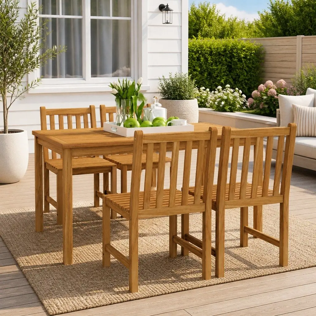 Garden Dining Set 5 Piece Outdoor Furniture Table Chairs Brown Teak Wood