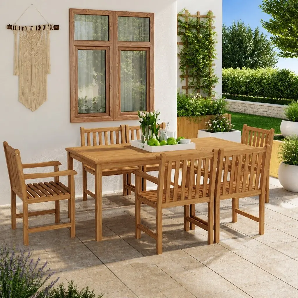 7 Piece Garden Dining Set Outdoor Furniture 180x90 cm Teak Wood Table Chairs Brown