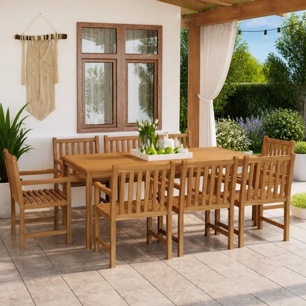 Garden Dining Set 9 Piece Outdoor Furniture Table Chairs Solid Teak Hardwood Brown