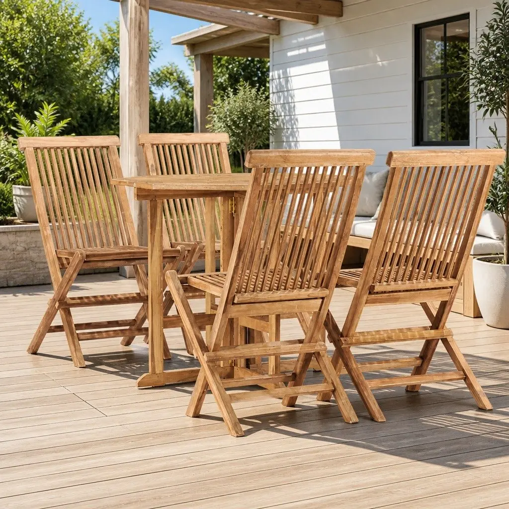 5 Piece Folding Outdoor Dining Set Teak Wood Garden Patio Table Chairs Brown