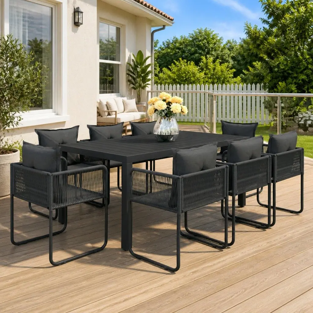 Outdoor Furniture Set 9 Piece Patio Dining Table with Eight Chairs Black