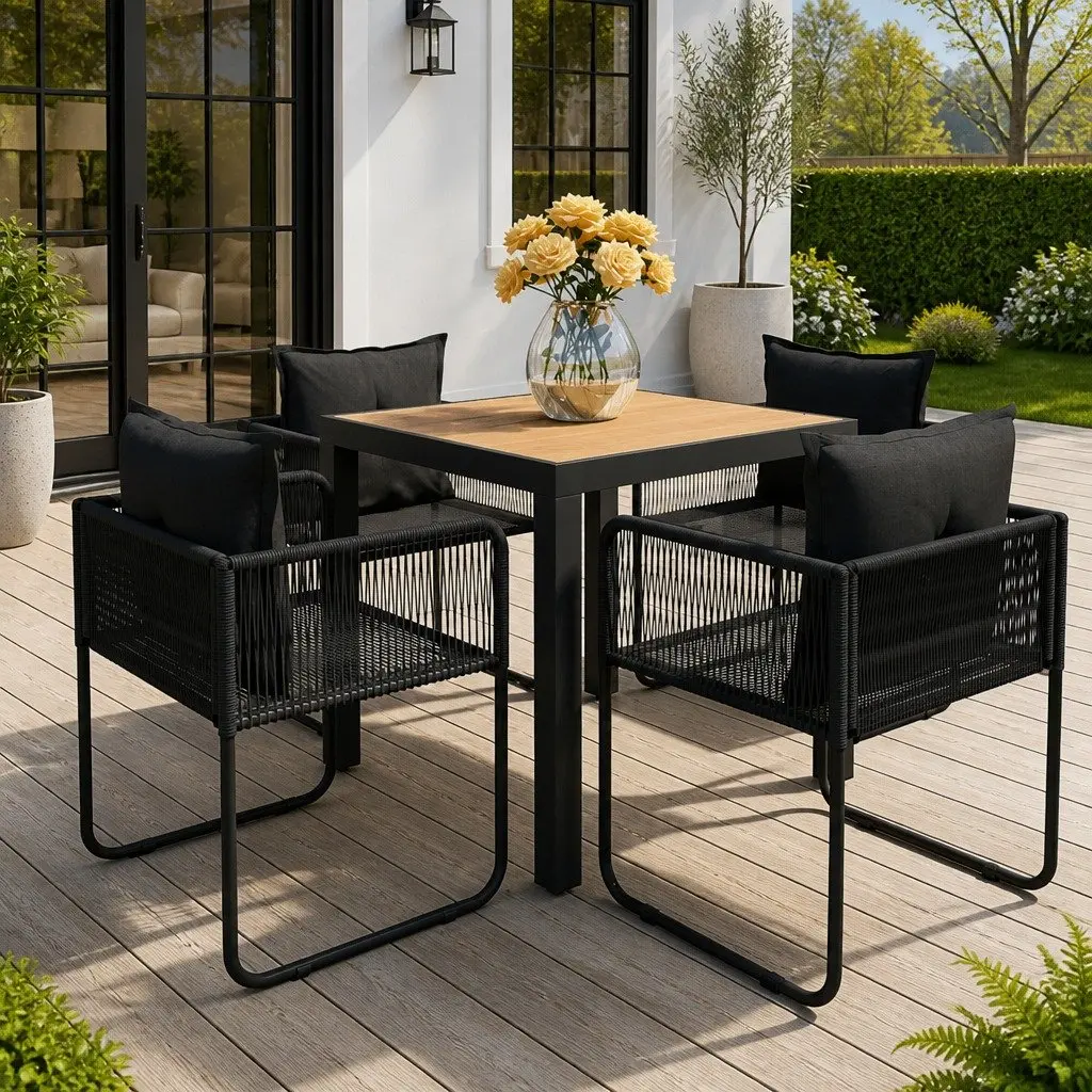 5 Piece Garden Dining Set Outdoor Patio Furniture Black Rattan Chairs Table
