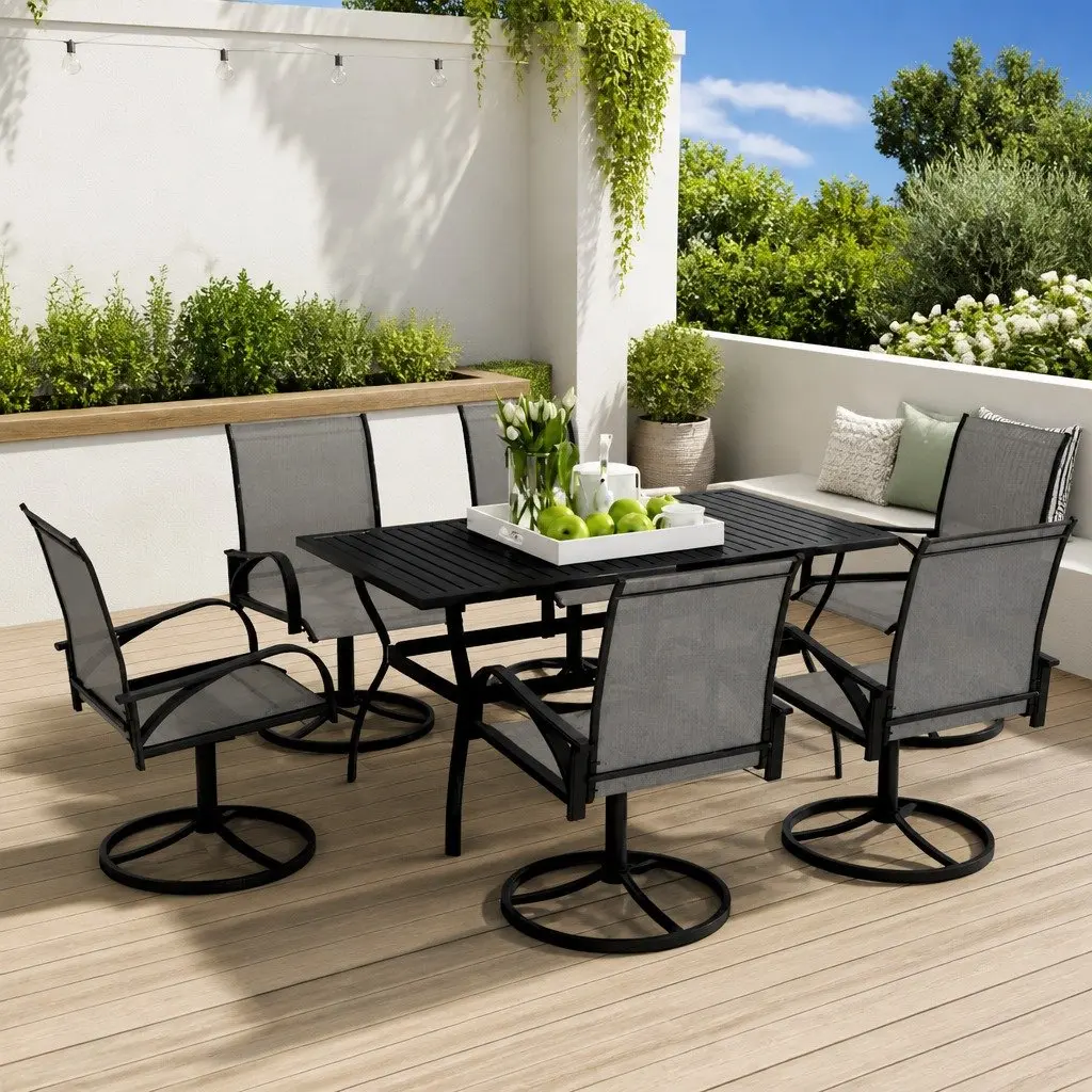 7 Piece Outdoor Garden Dining Set Table Chairs Steel Textilene Grey