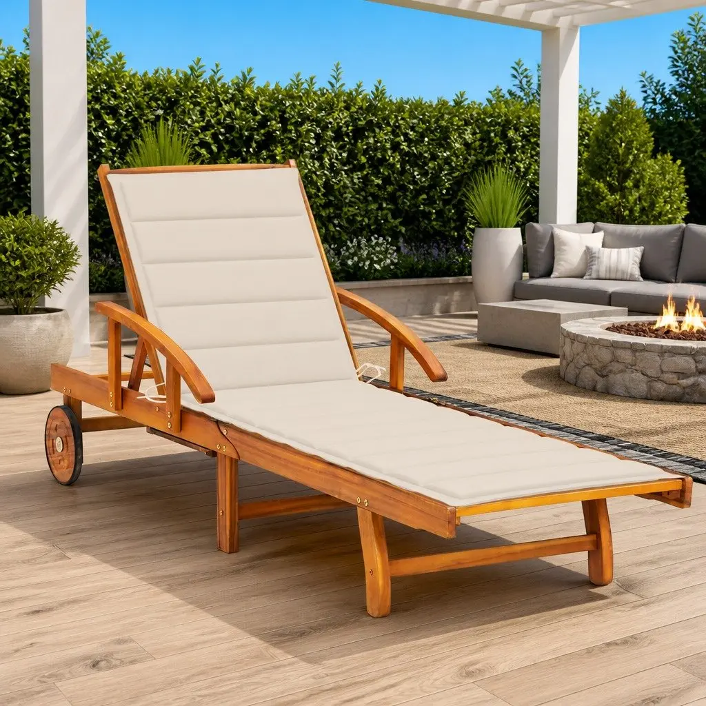 Sun Lounger Adjustable Backrest Cream Solid Acacia Wood Garden Outdoor Patio with Wheels and Cushion