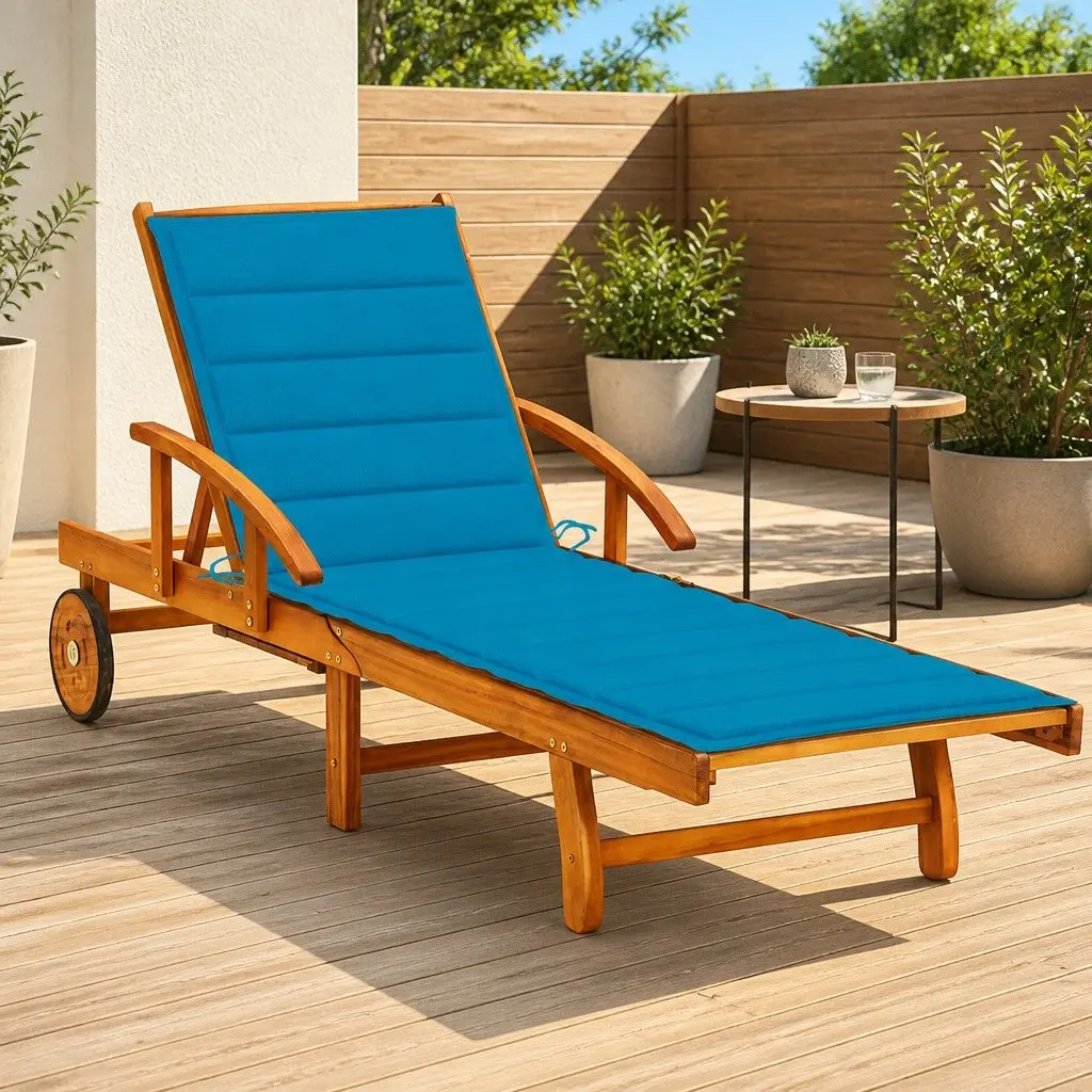 Sun Lounger Adjustable Backrest Acacia Wood Garden Chair with Wheels Blue