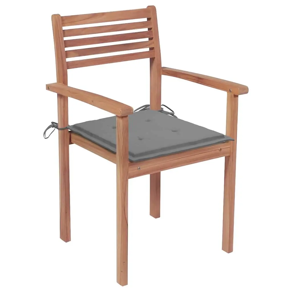 Outdoor Garden Chairs 4 Pieces Grey Cushions Teak Wood Stackable Seating