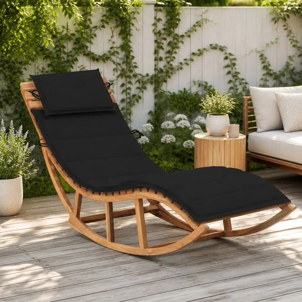 Wooden Rocking Sun Lounger Outdoor Relaxation Chair with Cushion Black