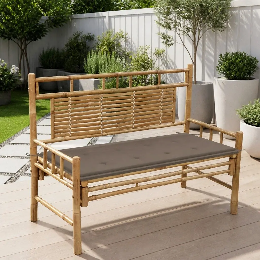 Bamboo Garden Bench Outdoor Seating 120cm with Backrest and Taupe Cushion