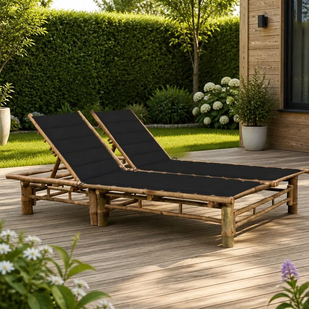 Bamboo Sun Lounger 2-Person Outdoor Seating Reclining Adjustable Backrests Black