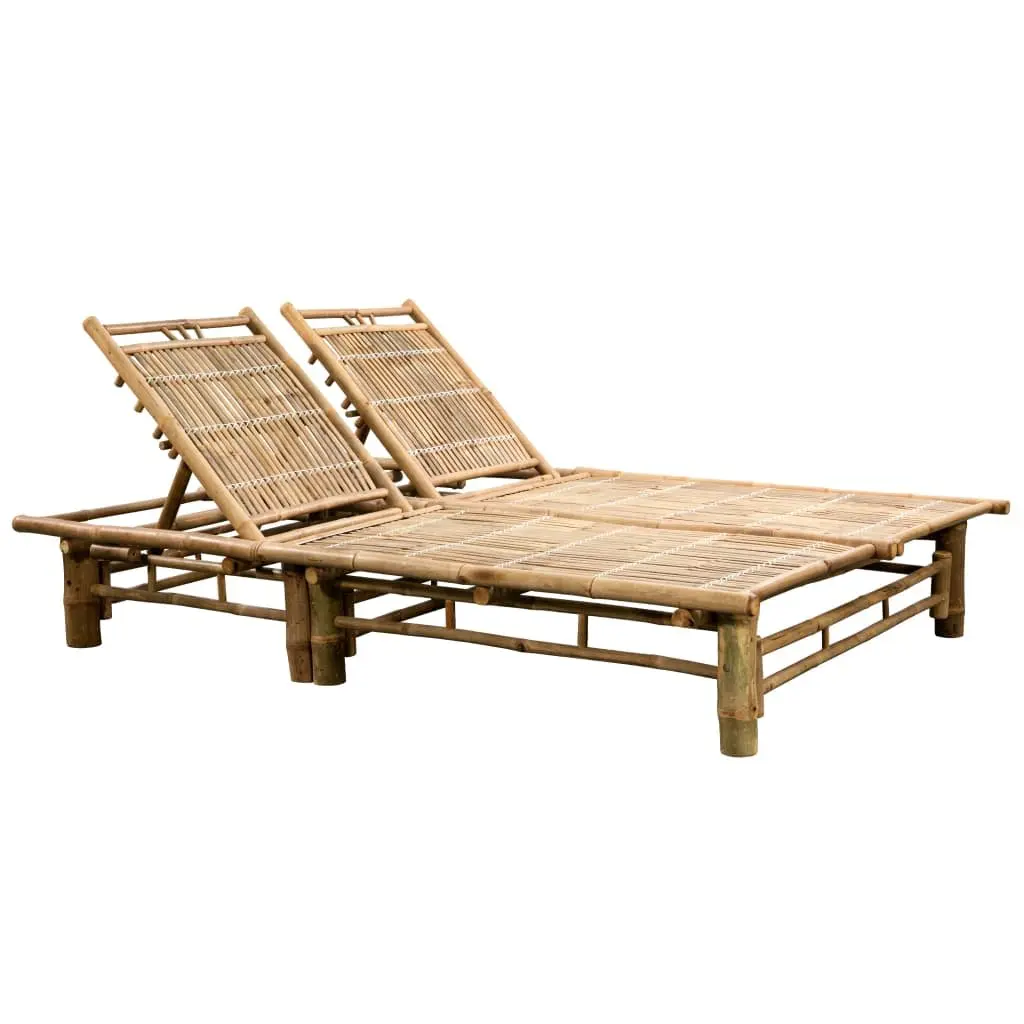 Bamboo Sun Lounger 2-Person Outdoor Seating Reclining Adjustable Backrests Black