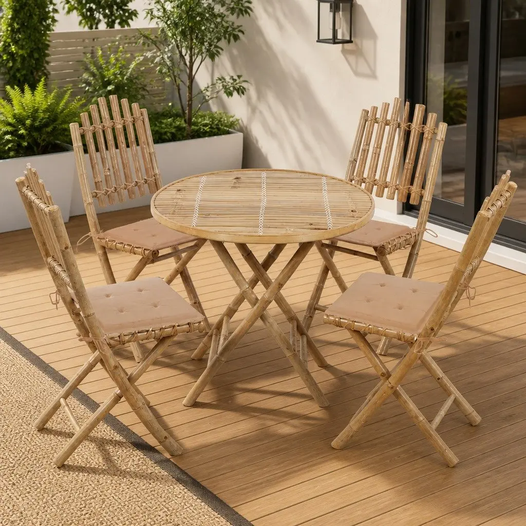 Folding Outdoor Dining Set Bamboo Garden Table Chairs 5 Piece Beige