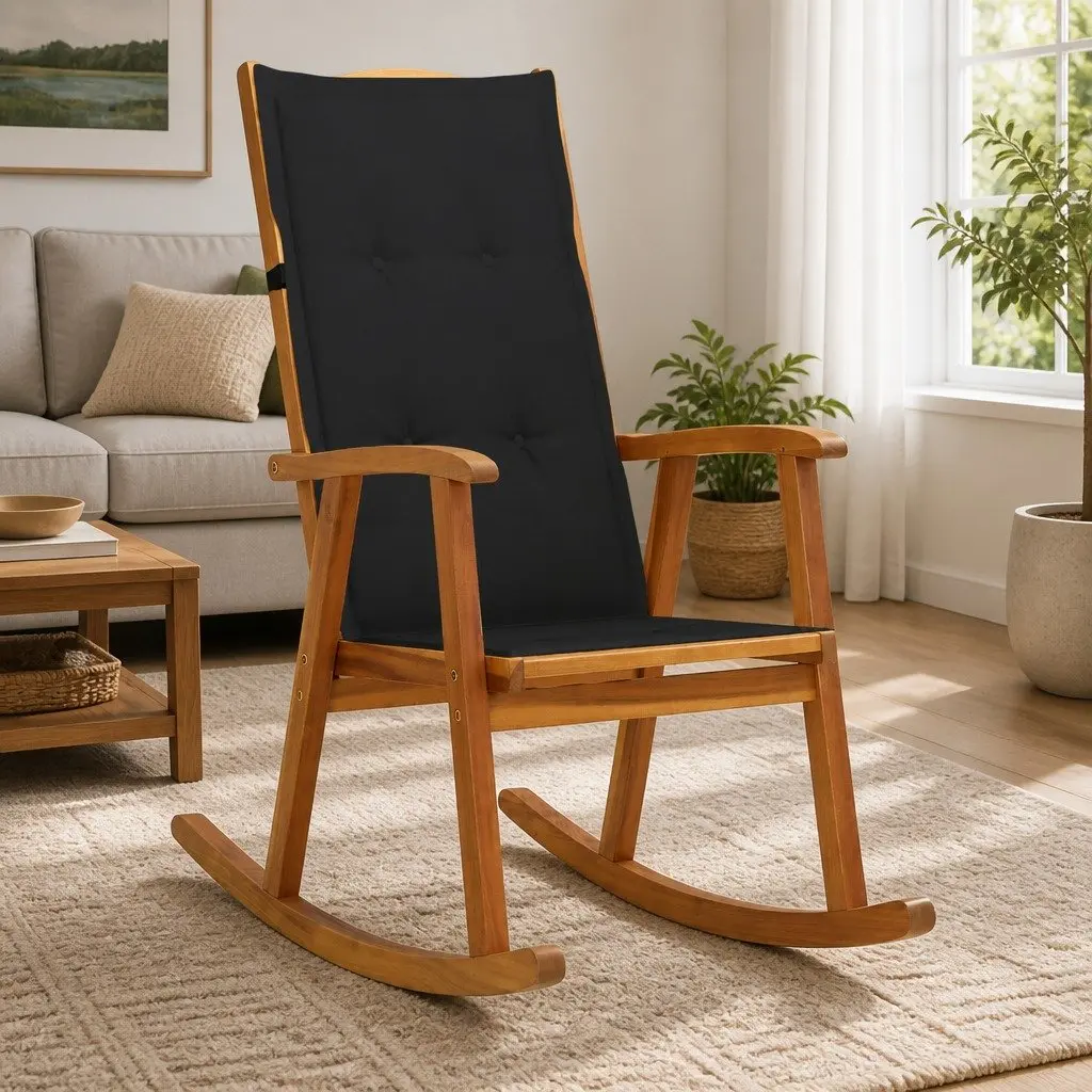 High Backrest Outdoor Rocking Chair Brown Solid Acacia Wood Patio Furniture