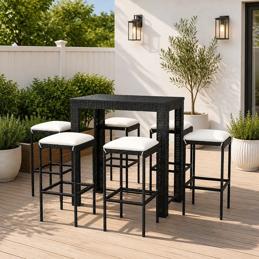7 Piece Garden Bar Set with Cushions Poly Rattan Outdoor Bar Table Stools Black
