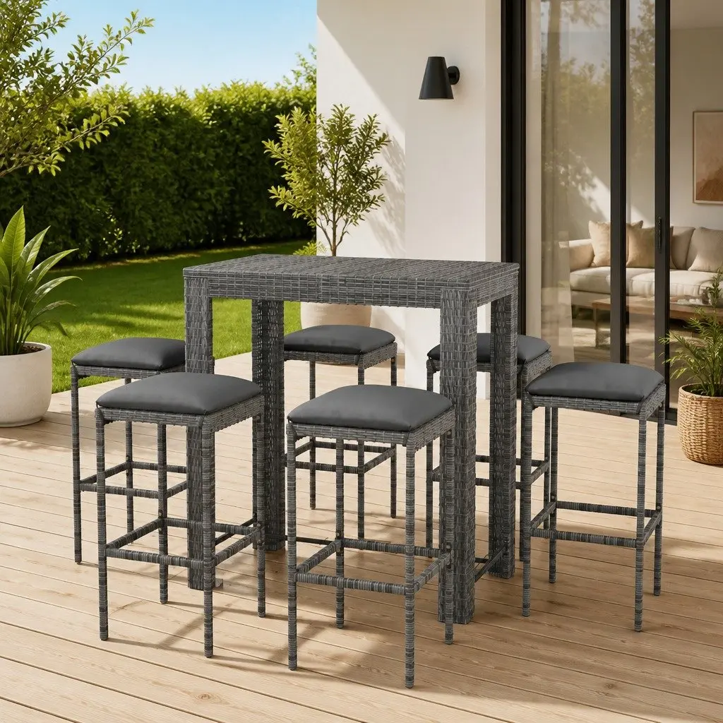 Garden Bar Set 7 Piece Outdoor Bar Table Stools Cushions Grey