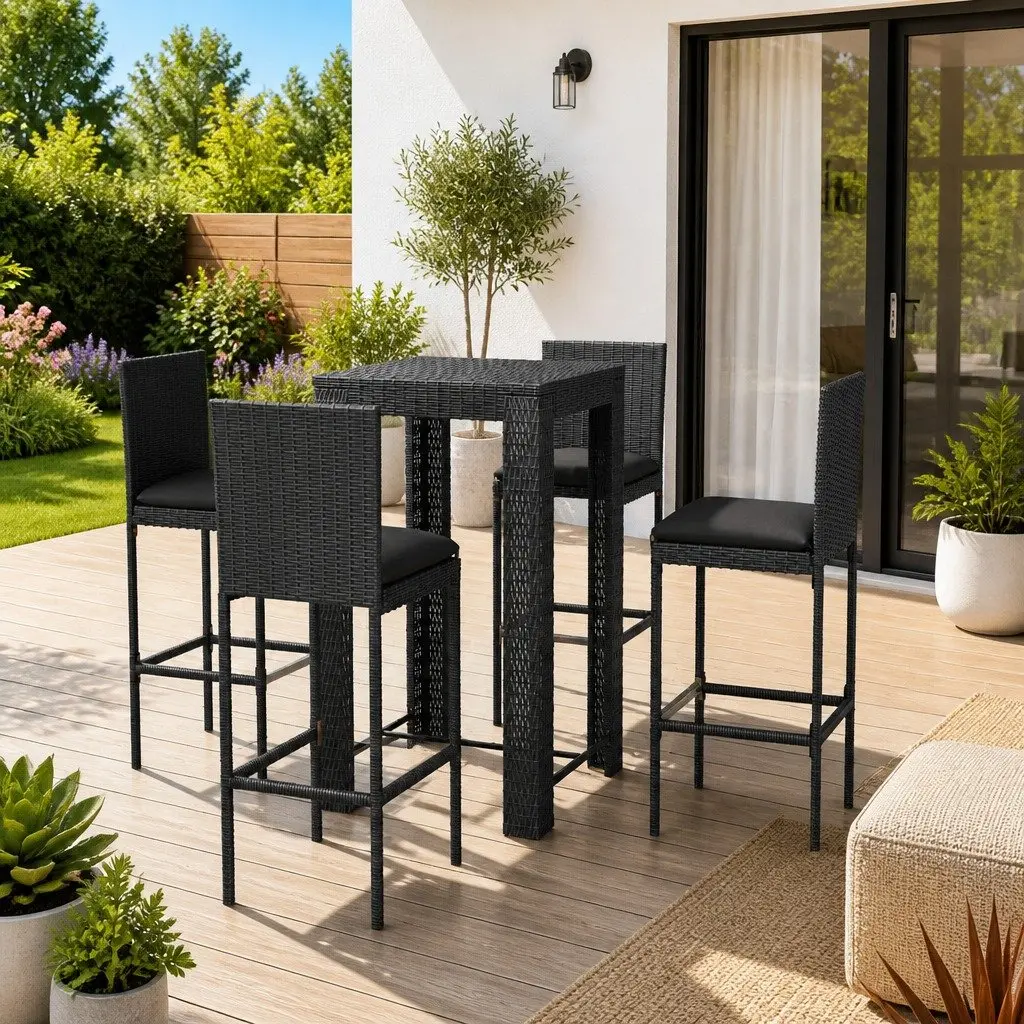 5 Piece Outdoor Bar Set Grey Poly Rattan Garden Bar Table Stools with Cushions