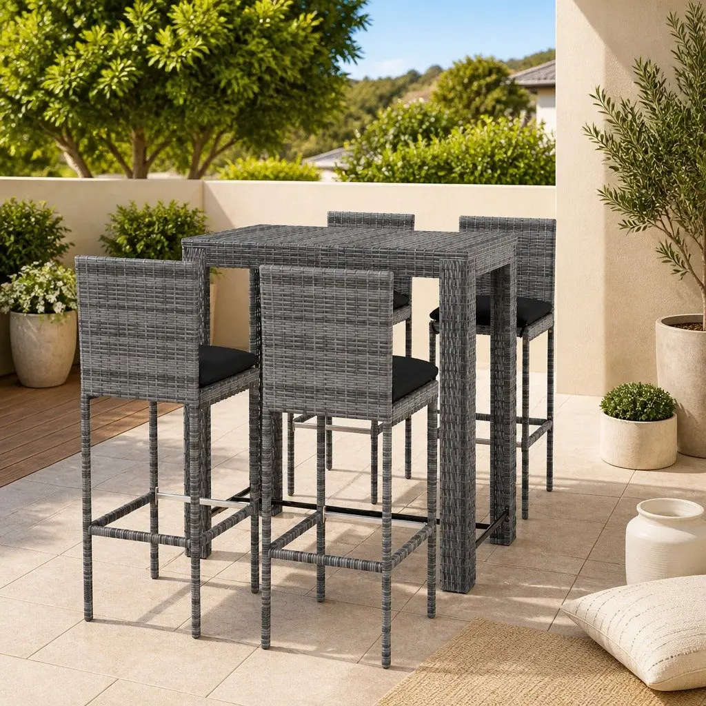 Outdoor Bar Set Grey Garden Stools and Table with Cushions 5 Piece Poly Rattan
