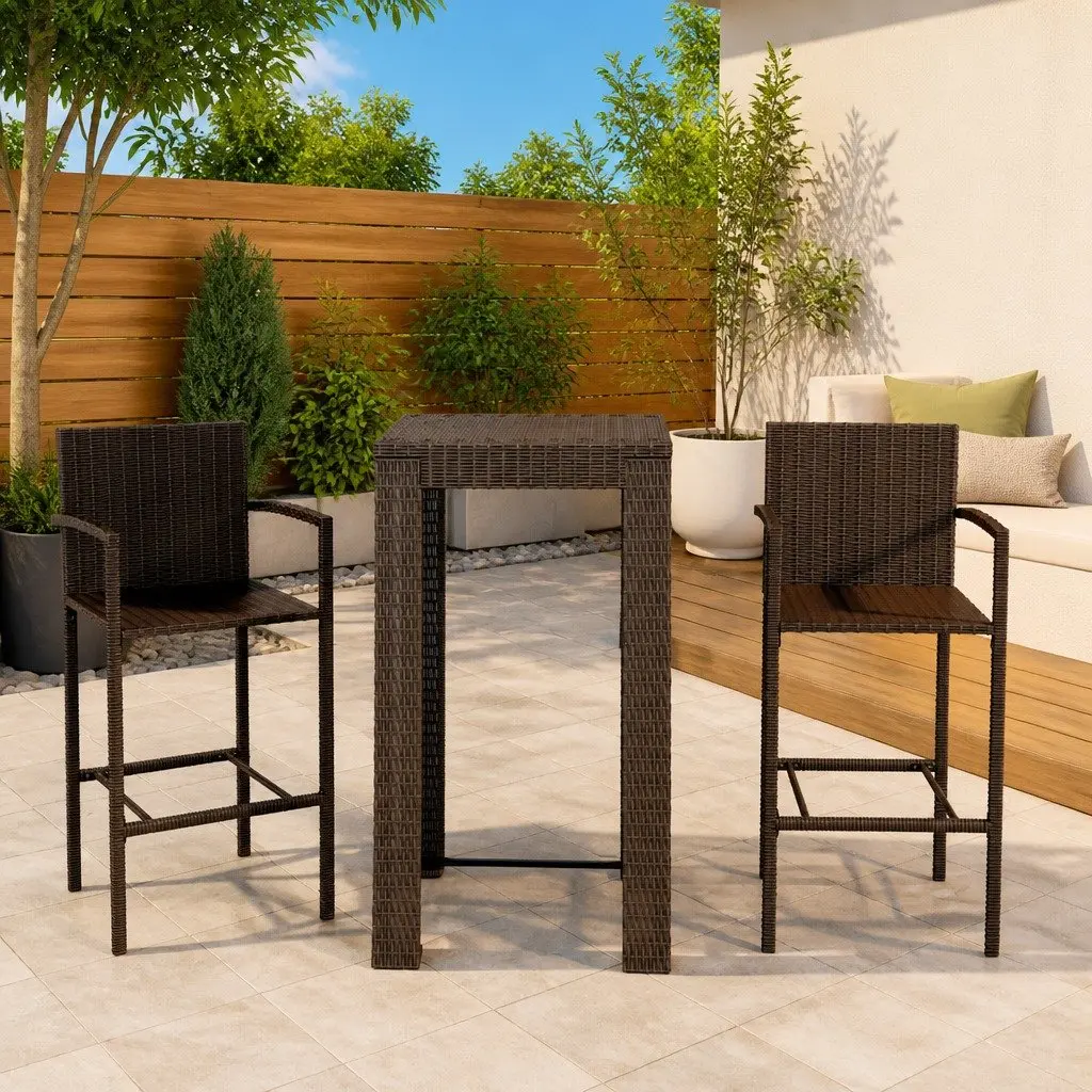 3 Piece Outdoor Bar Set Garden Bar Table and Stools Brown