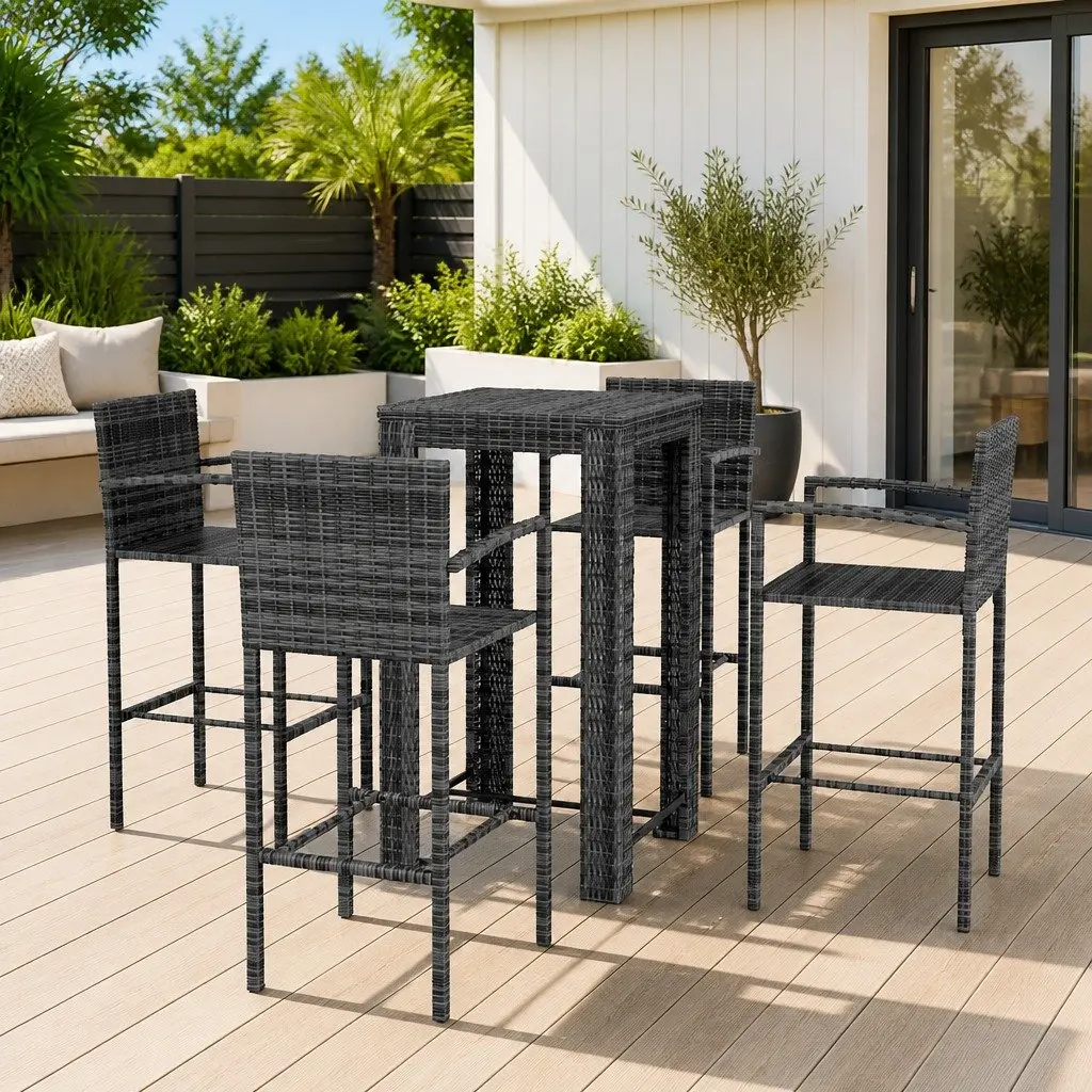 Outdoor Bar Set 5 Piece Poly Rattan Grey with Armrest Garden Patio Bar Table