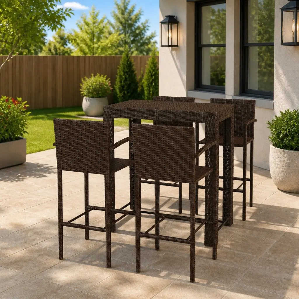 Outdoor Bar Set 5 Piece Garden Patio Bar Table Stools Brown