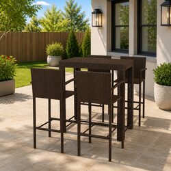 5 Piece Outdoor Bar Set Brown Poly Rattan Stools with Armrest Garden Furniture