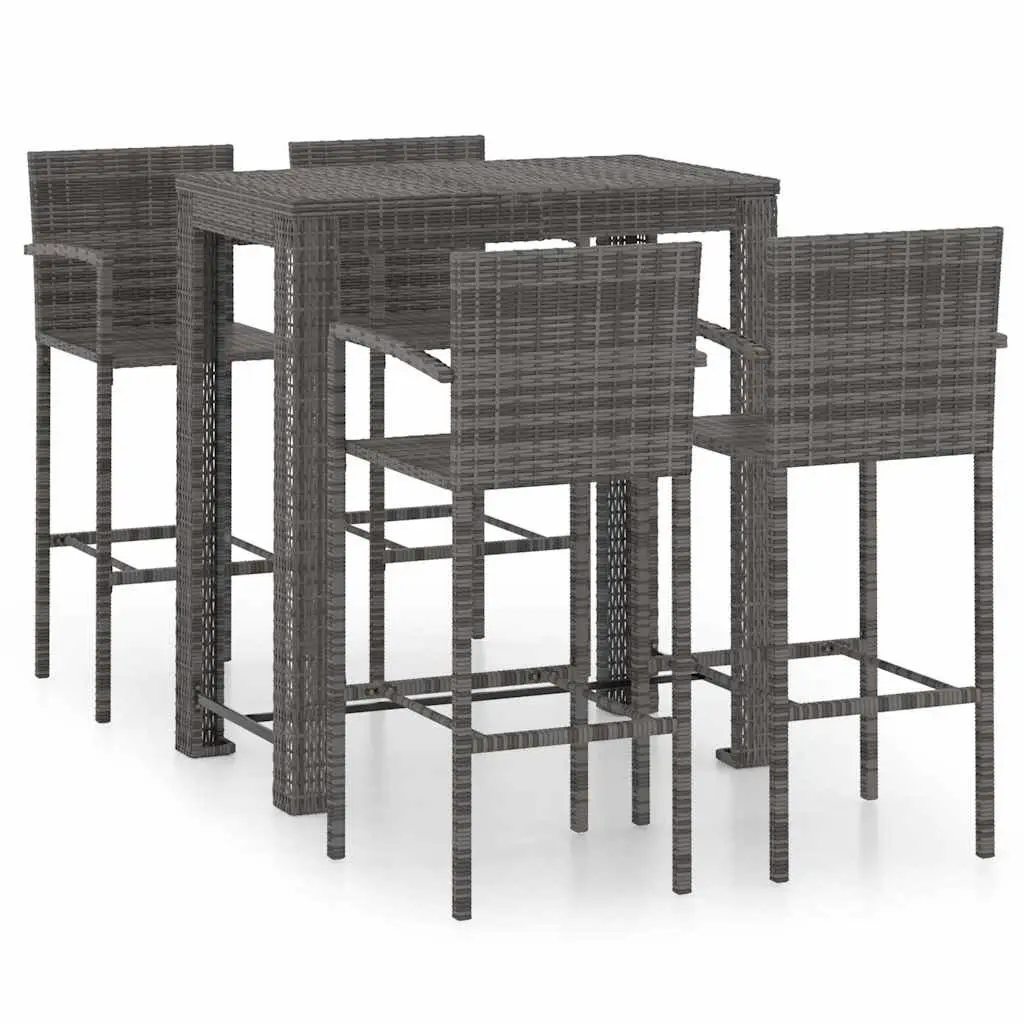 5 Piece Outdoor Bar Set Grey Poly Rattan Bar Table with Armrest Stools