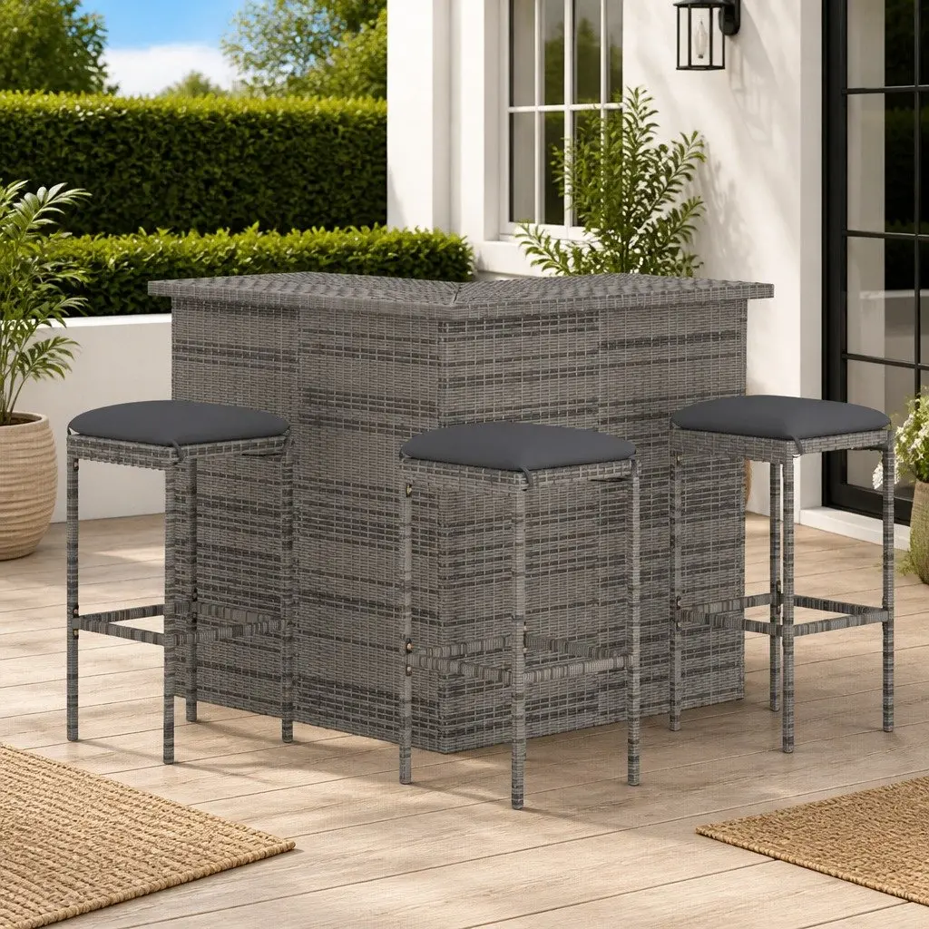 Garden Bar Set 4 Piece Outdoor Dining Grey Poly Rattan Patio Furniture with Seat Cushions
