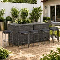 Garden Bar Set 8 Piece Outdoor Furniture Poly Rattan with Cushions Grey Patio