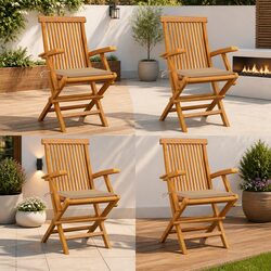 4-Seat Folding Garden Chairs Set in Teak Wood with Cushions