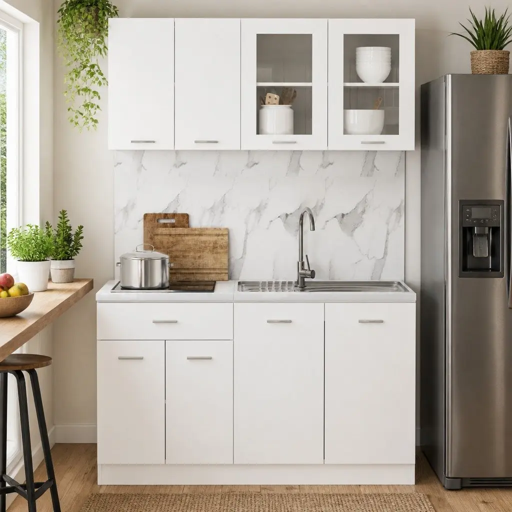 4 Piece Kitchen Cabinet Set White Storage Cupboards Engineered Wood