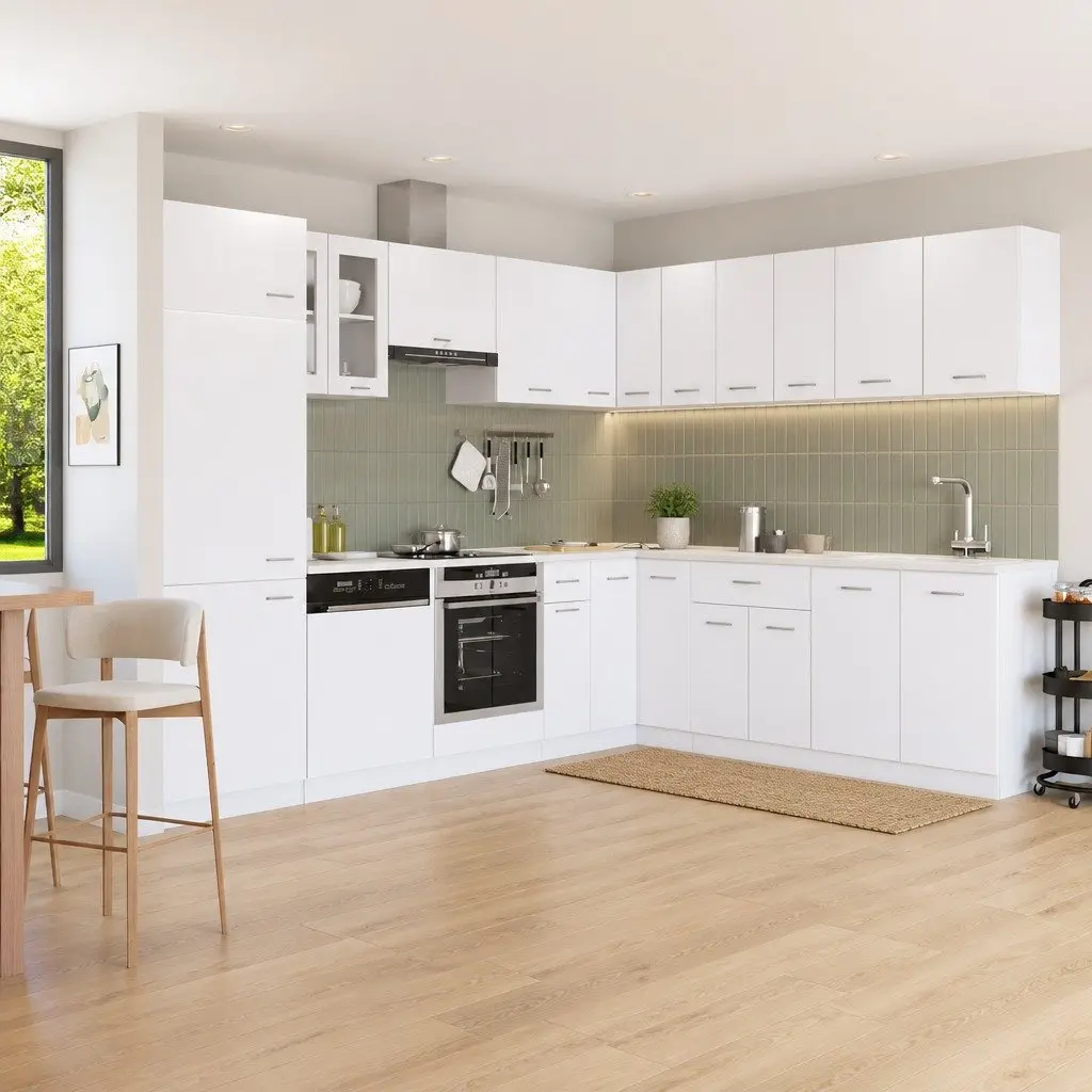 Kitchen Cabinet Set 14 Piece White Engineered Wood Storage Organiser Cupboard