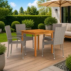 5 Piece Garden Dining Set Outdoor Table Chairs Acacia Wood PE Rattan Grey