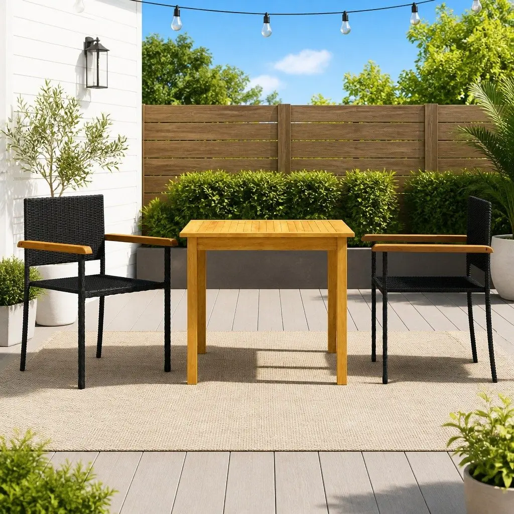 Garden Dining Set Outdoor Table Chairs 3 Piece PE Rattan Black