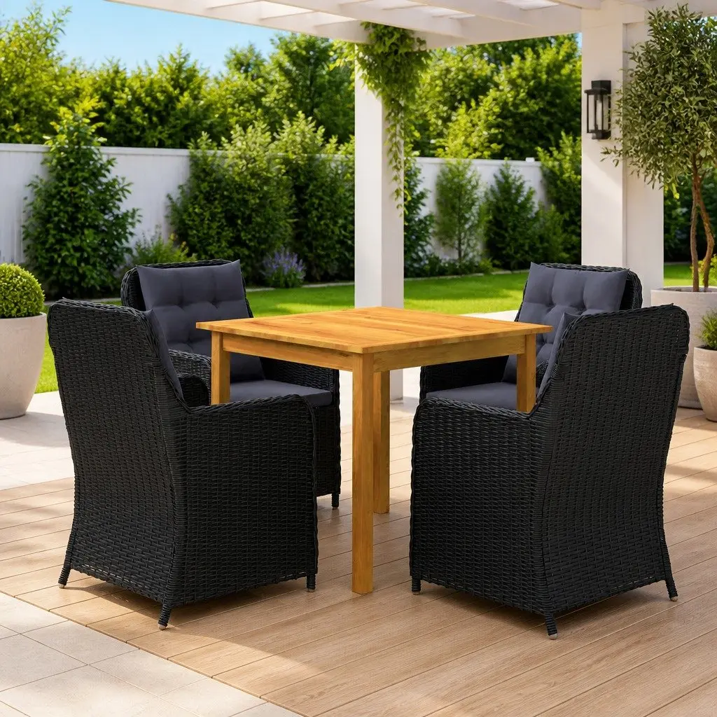 5 Piece Garden Dining Set Outdoor Furniture Table Chairs Black Rattan