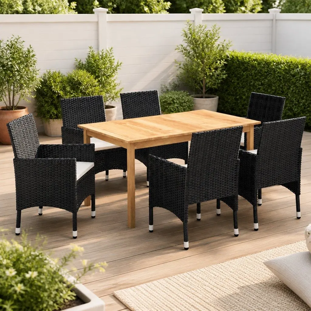 7 Piece Garden Dining Set Acacia Wood Table Rattan Chairs Black
