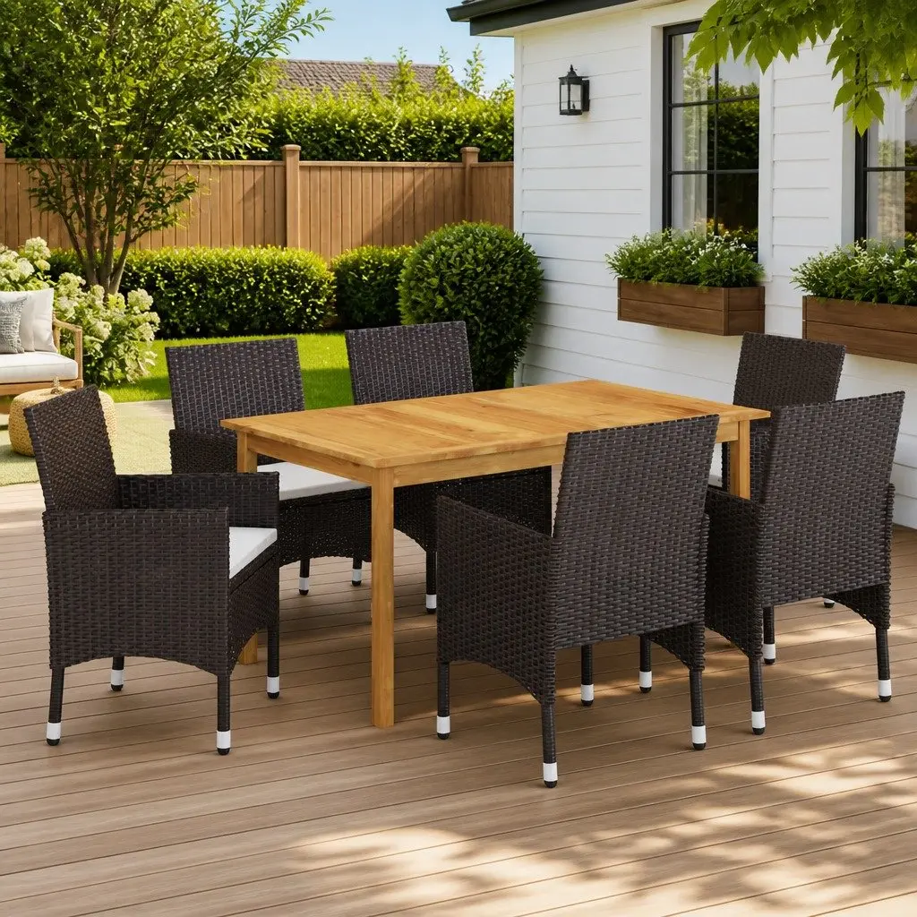 Garden Dining Set 7 Piece Outdoor Furniture Brown Acacia Wood Table Chairs