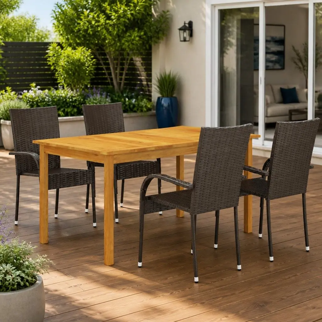 Garden Dining Set Outdoor Table Chairs 5 Piece Brown Acacia Wood Rattan