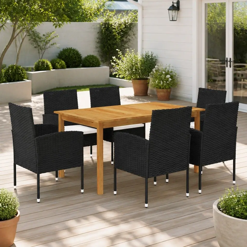 7 Piece Garden Dining Set Outdoor Table Chairs Acacia Wood Steel Frame Black