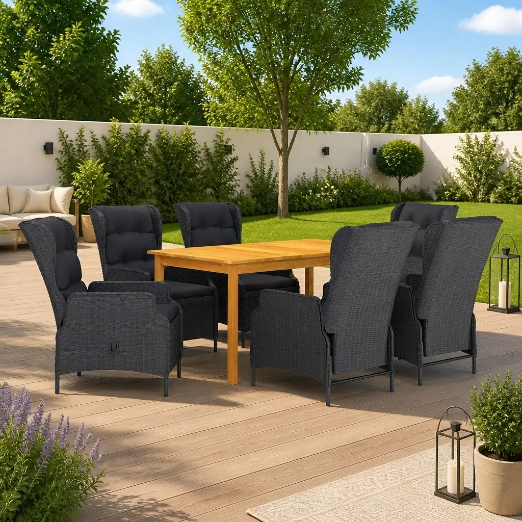 Outdoor Dining Set 7 Piece Patio Furniture Grey Acacia Wood Table and Rattan Chairs with Cushions
