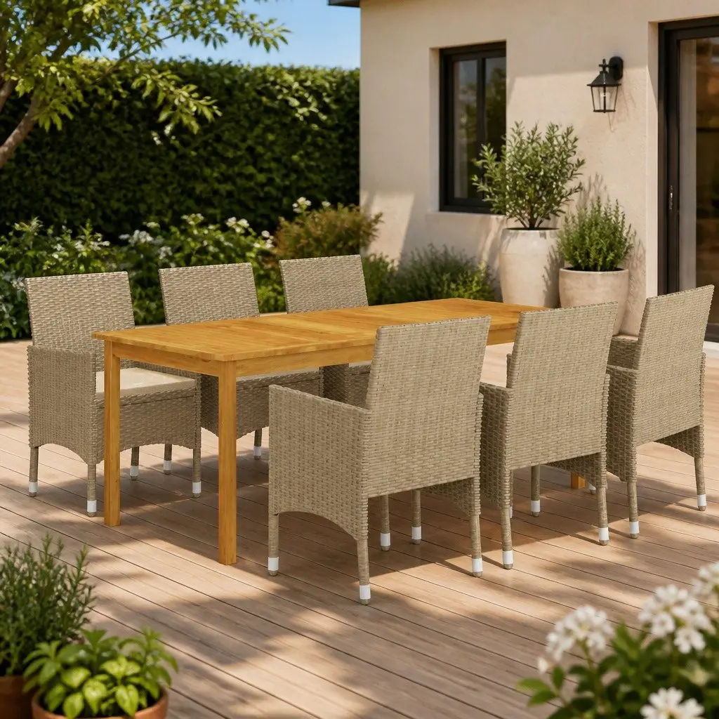 Outdoor Furniture Set 7 Piece Dining Chairs Table Patio Beige
