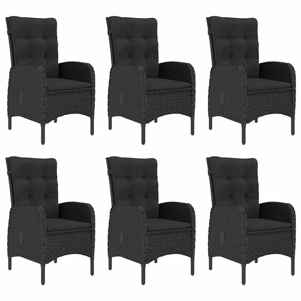7 Piece Black Outdoor Dining Set Acacia Wood Table Steel Frame Chairs PE Rattan