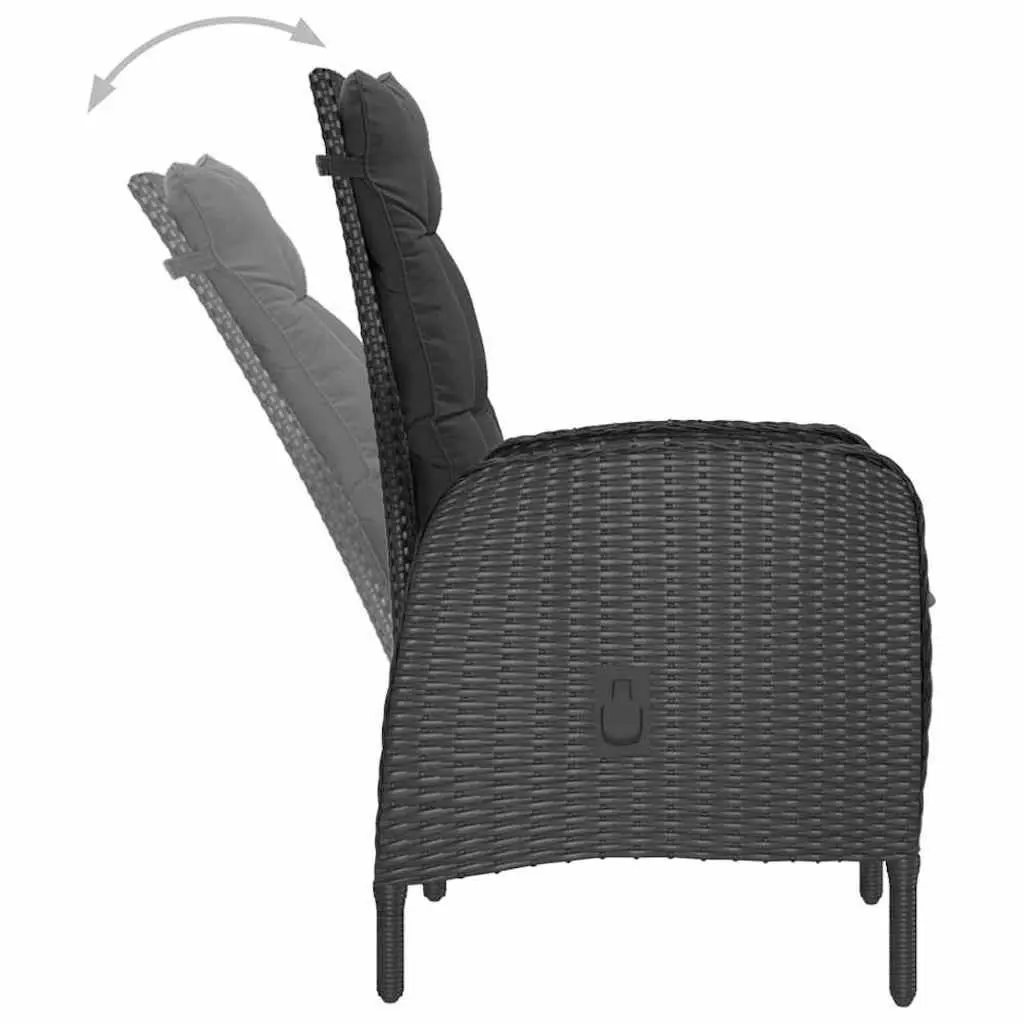 7 Piece Black Outdoor Dining Set Acacia Wood Table Steel Frame Chairs PE Rattan