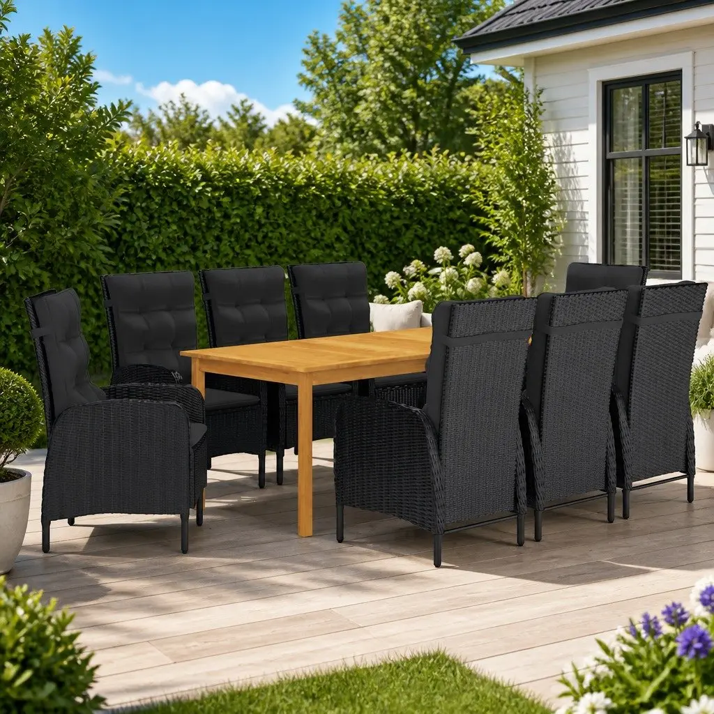 Outdoor Dining Set 9 Piece Table and Chairs Acacia Wood Steel Frame Black