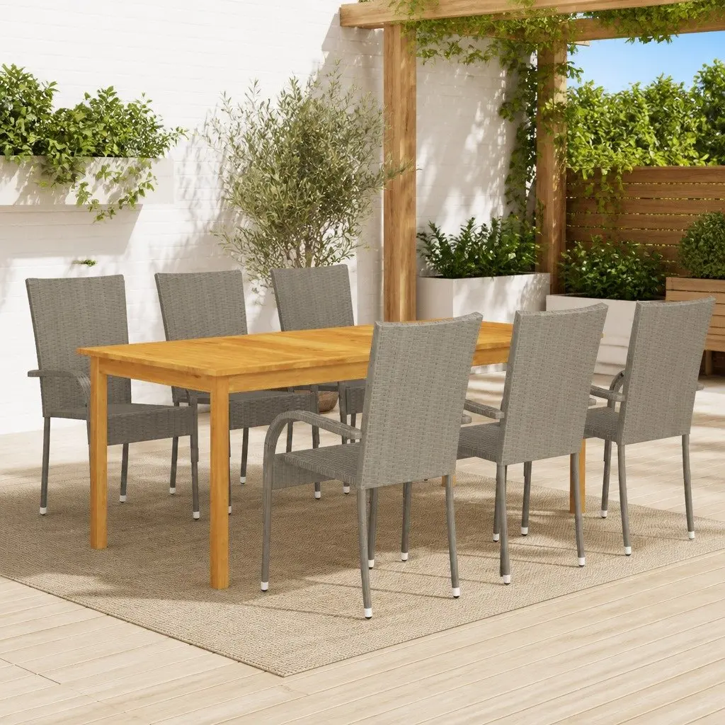 7 Piece Garden Dining Set Outdoor Table Chairs Acacia Wood PE Rattan Grey